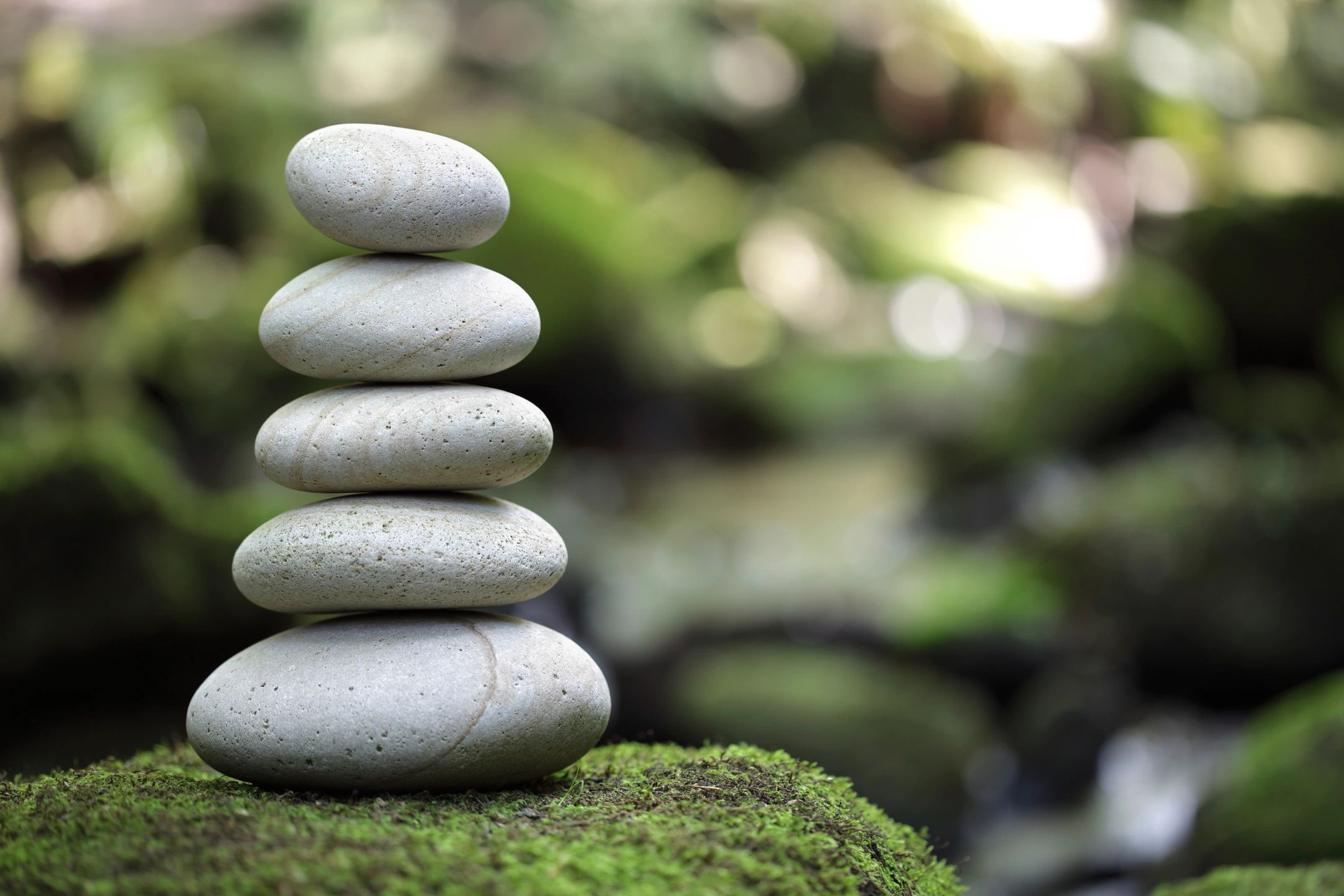 A stack of rocks sitting on top of a mossy rock.